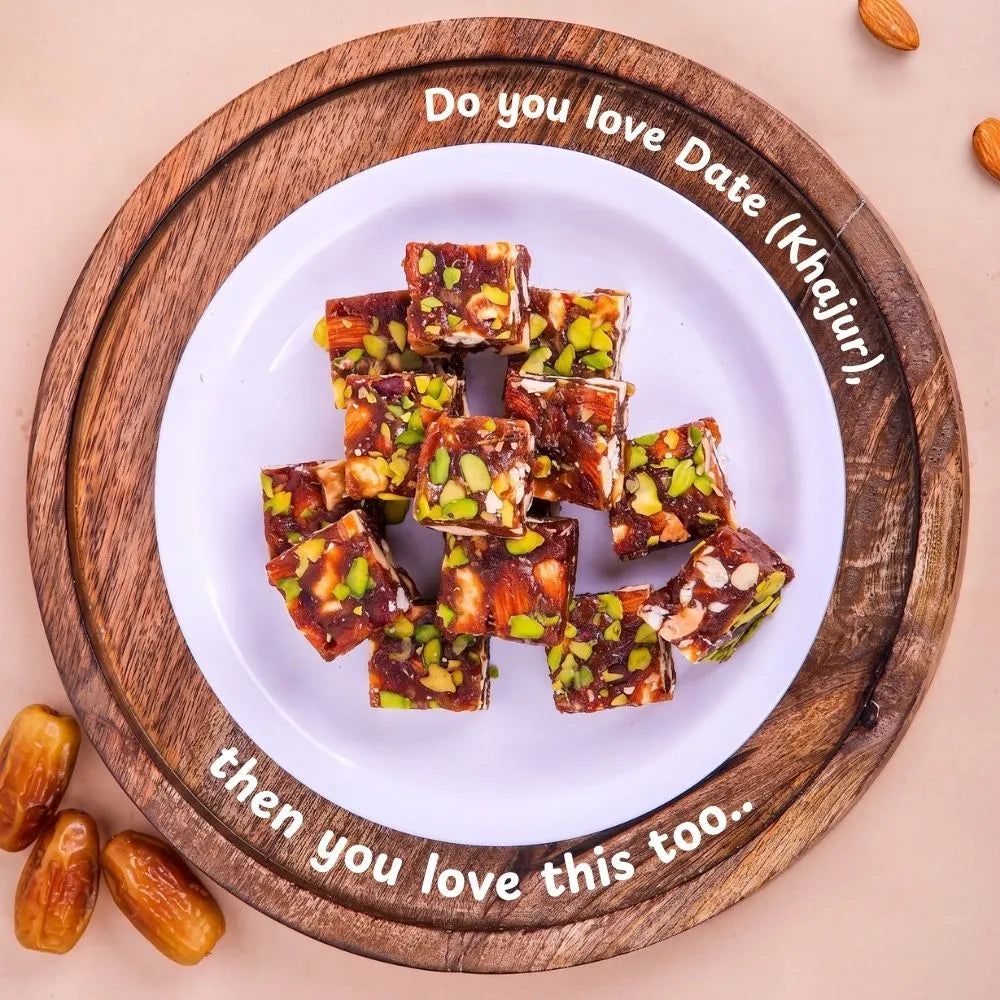 Founder's message about Mithdi Sweets' philosophy of using real dates and honey for handcrafted Khajur Chikki in a Surat kitchen.