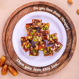 Founder's message about Mithdi Sweets' philosophy of using real dates and honey for handcrafted Khajur Chikki in a Surat kitchen.