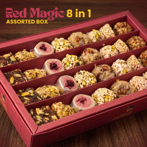 Mithdi Red Magic 8-in-1 assorted sweet box showcasing various gourmet Indian dry fruit sweets
