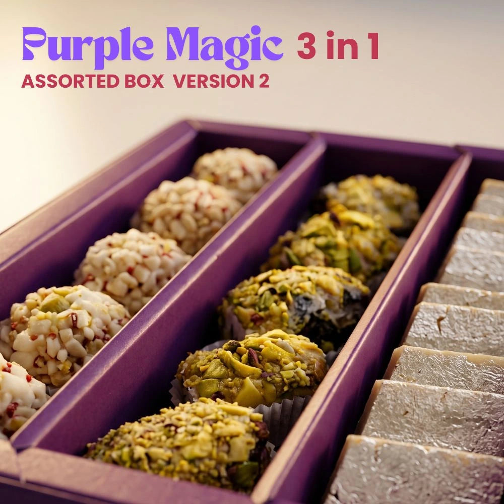 Purple Magic 3-in-1 assorted dry fruit sweet box featuring Rose Ladoo, Afghan Meva, and Kaju Katli.