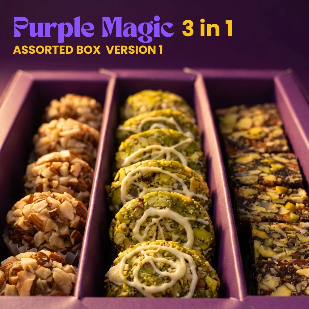 Purple Magic 3-in-1 assorted dry fruit sweet box version 1 by Mithdi