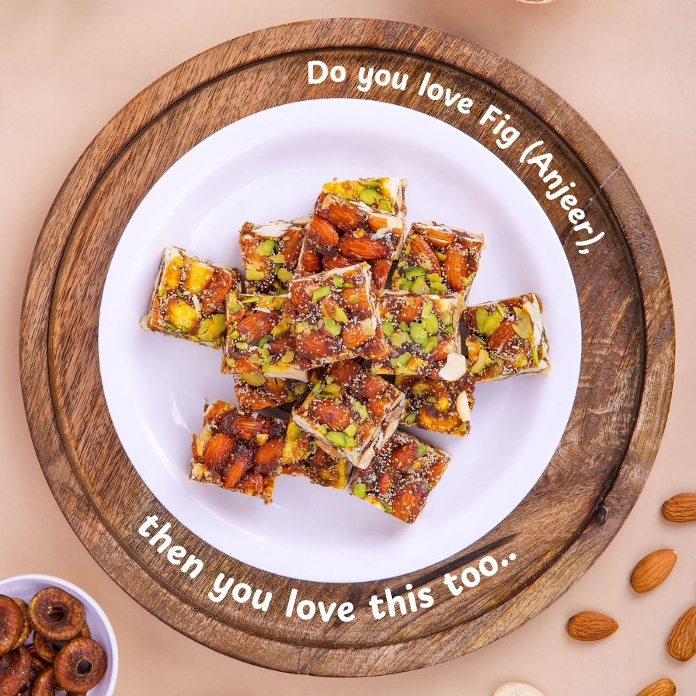Premium Anjeer (Fig) and dry fruit bites by Mithdi Sweets, featuring crunchy almonds and pistachios.