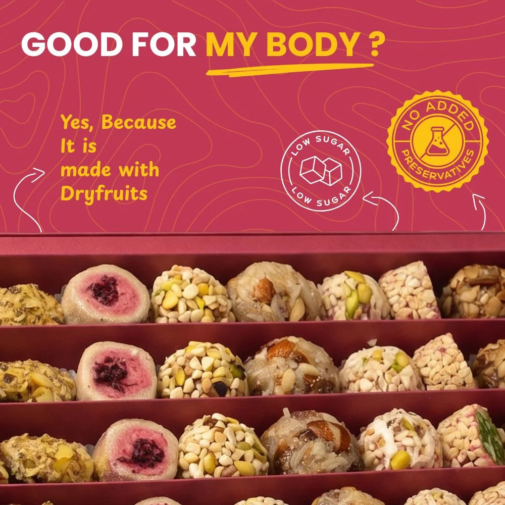 Mithdi assorted sweet box featuring health benefits, low sugar, and dry fruit ingredients