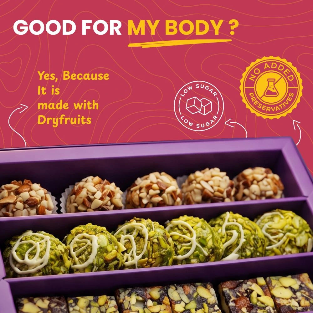 Mithdi low-sugar dry fruit sweets box highlighting health benefits and no added preservatives