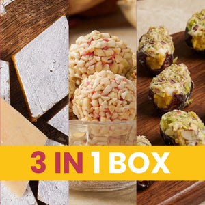 Close-up of 3-in-1 assorted dry fruit sweets box containing Kaju Katli and stuffed laddoos.