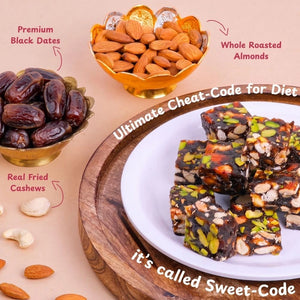 Ingredients display of Black Dates, roasted almonds, and fried cashews used in Mithdi Sweet-Code.