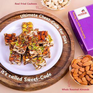 Mithdi Sweets Anjeer Chikki in premium packaging, marketed as a healthy diet snack and corporate gift.