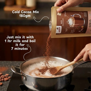 Mithdi Sweets Cold Cocoa Mix 180g being prepared with milk – traditional Indian sweets brand from Surat known for best Gujarati sweets near me and premium sweets gift guide India
