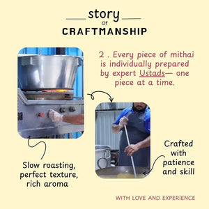Story of craftsmanship with image of roasting and preparing mithai, text about expert Ustad preparation.