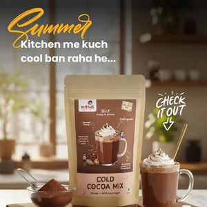Mithdi Sweets Cold Cocoa Mix packet for summer drinks in the kitchen, a popular choice for best Indian sweets and beverages in Surat.