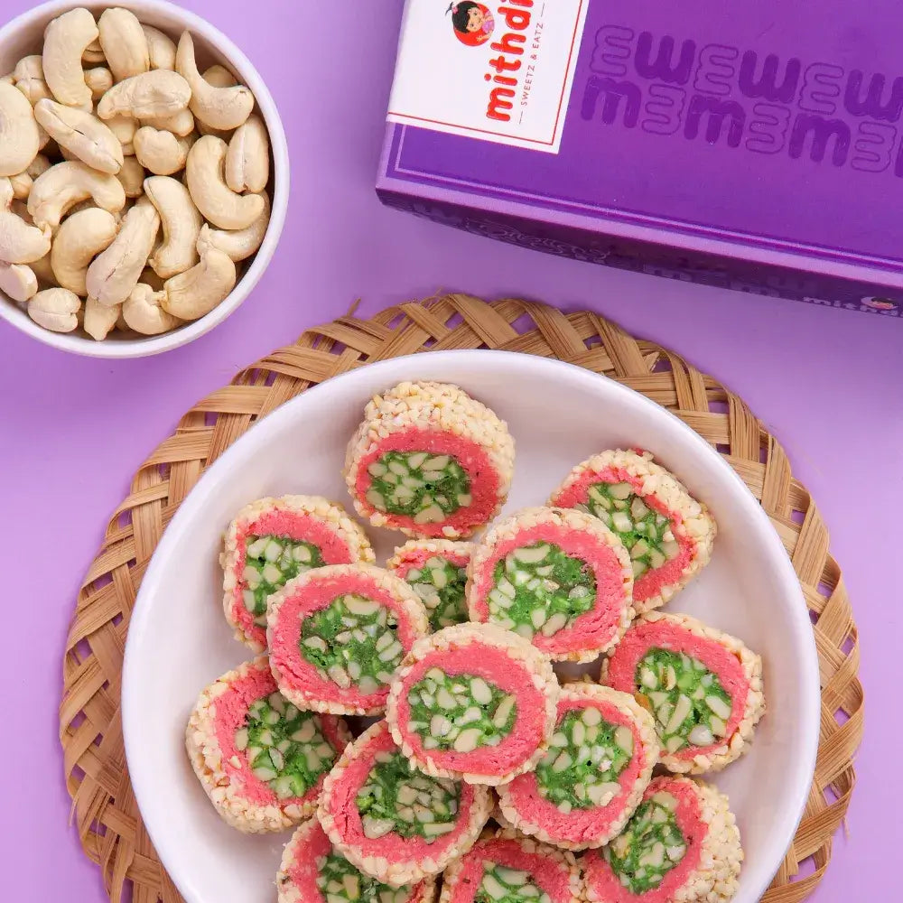 Kaju Maisuri Rol from Mithdi Sweets, a premium Gujarati dessert name recognized for quality in the sweets gift guide India.