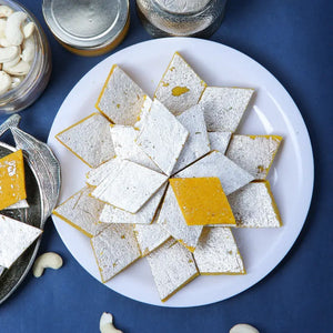 Kesar Katli — saffron cashew katli from Mithdi, buy Indian sweets online, best sweet shop Mota Varachha
