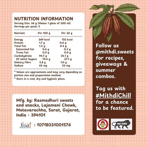 Nutrition information label of Mithdi Sweets Cold Cocoa Mix manufactured in Surat Gujarat – trusted sweet shop in Surat offering traditional Indian sweets and online sweets delivery in India