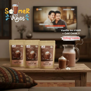 Mithdi Sweets Surat Cold Cocoa Mix summer combo display with chocolate jug and family movie night theme – best sweets and namkeen shop in Surat for festivals and corporate sweets gift India