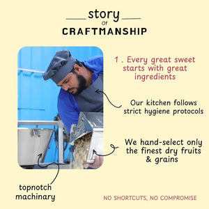 Person working with machinery in a kitchen setting, with text about craftsmanship and ingredient selection.