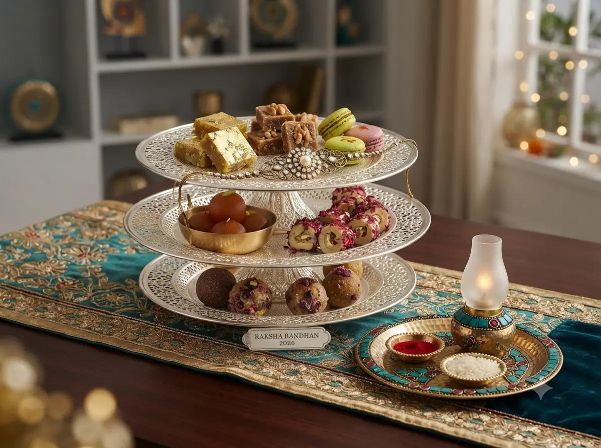 Assorted Indian mithai and silver-foiled Kaju Katli in a festive Raksha Bandhan gift box with a traditional Rakhi on a wooden table.