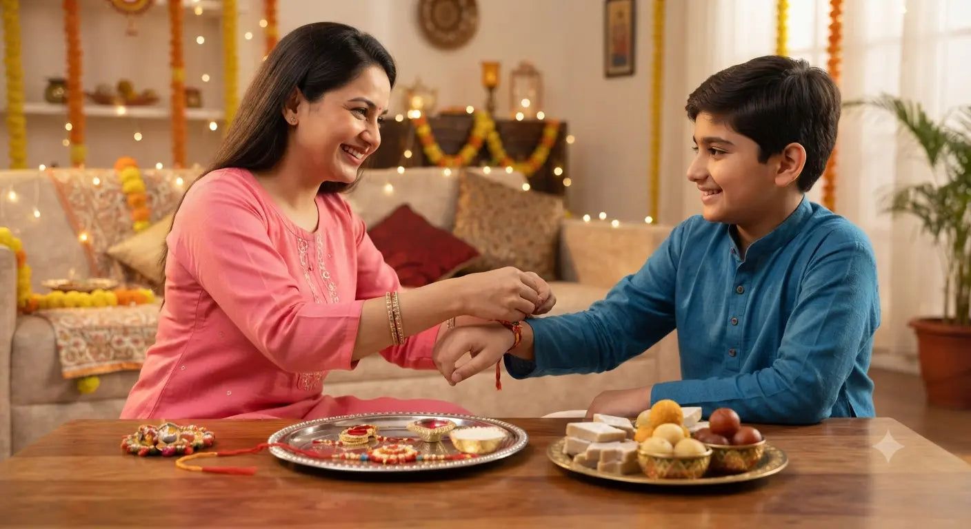 Sister tying a Rakhi on her brother's wrist during Raksha Bandhan, with a festive thali and a plate of traditional Indian sweets like kaju katli and ladoos on the table.