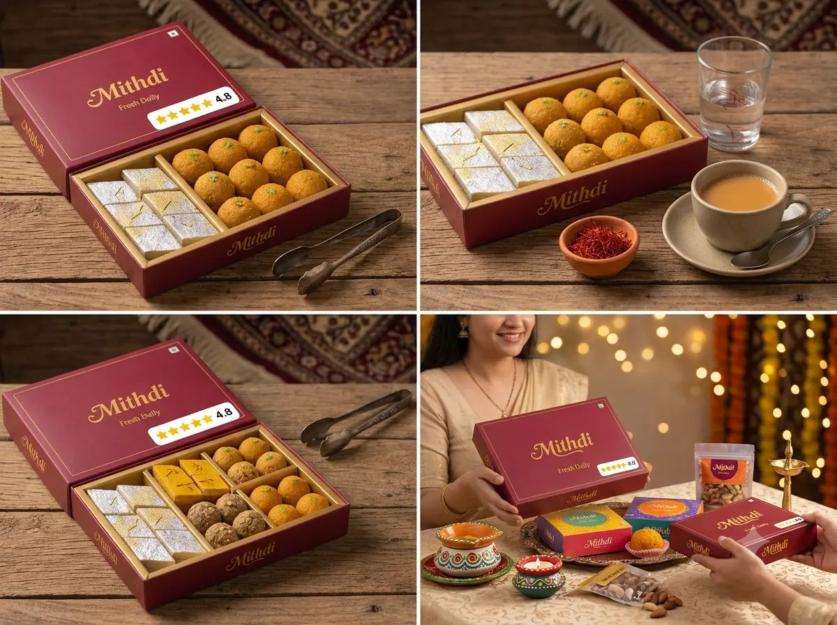 They include terms like "Gujarati sweets," "Mithdi," "Kaju Katli," and "delivered to Rajkot", which helps search engines understand the image context in relation to your blog post.