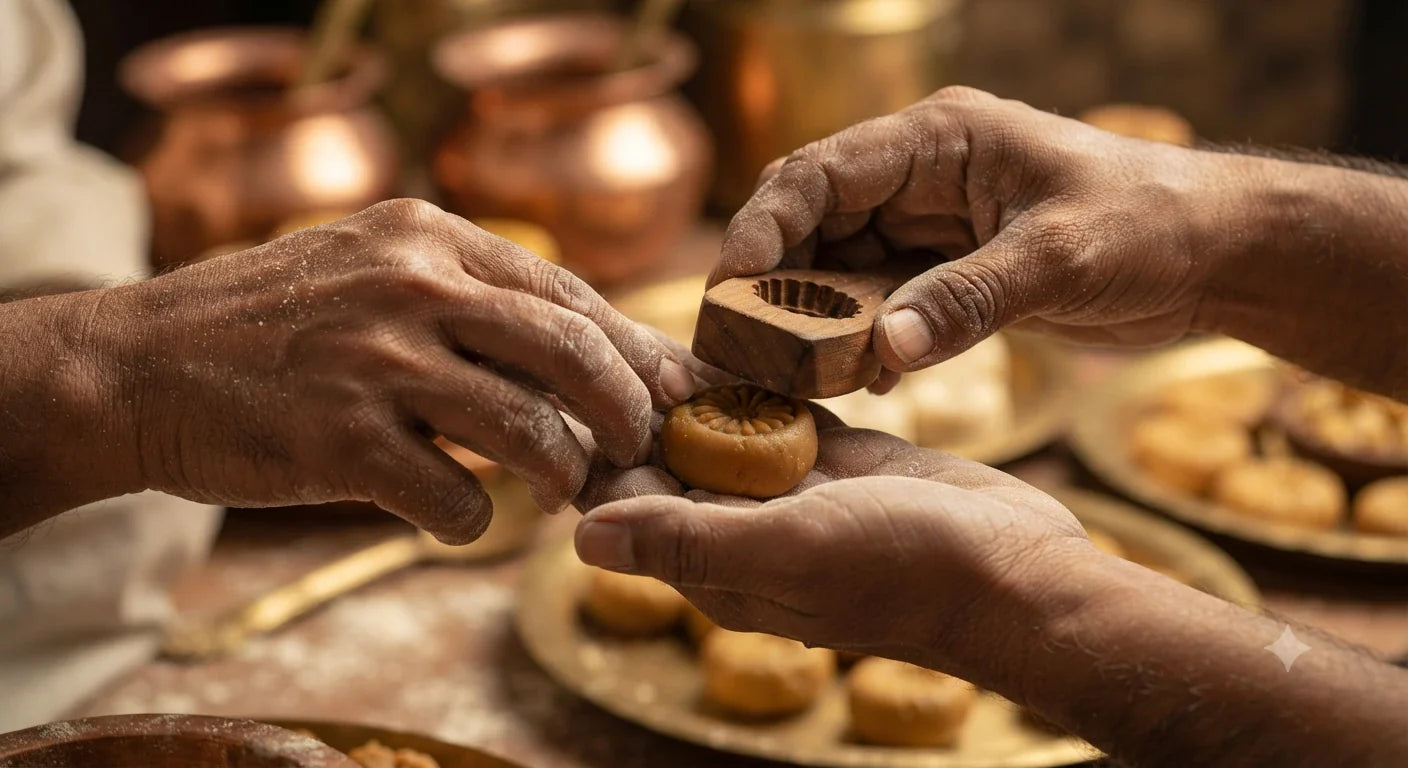 Assorted Indian Mawa Peda sweets arranged on a traditional brass plate with saffron and pistachios.