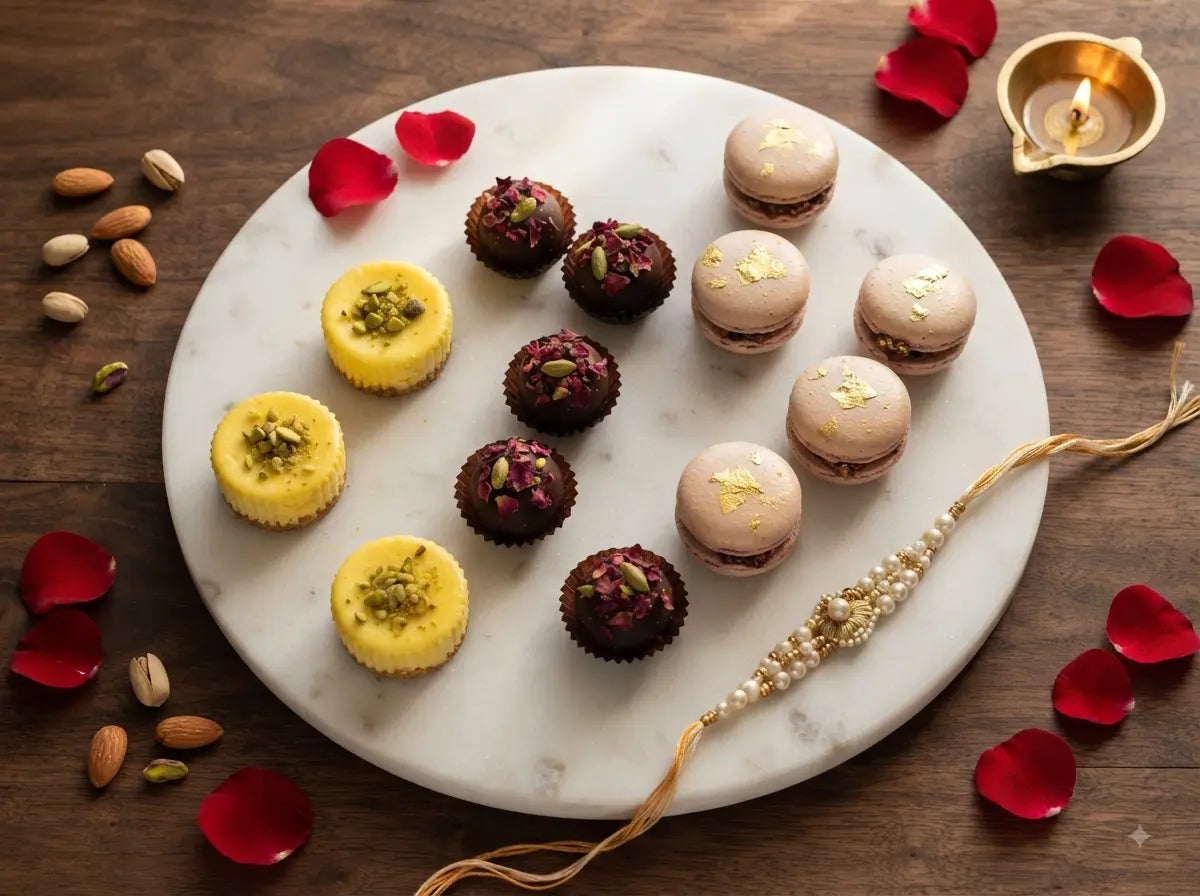 Luxury wooden Rakhi gift box with fusion sweets, chocolate truffles, and Rakhis on a decorated table.