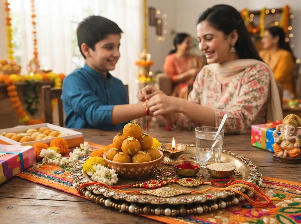 Indian sister tying Rakhi thread on her brother's wrist during traditional Raksha Bandhan celebration with diya, laddus, and Ganesha idol on decorated brass thali.