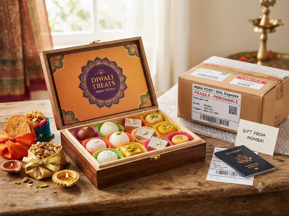 Open wooden gift box of assorted Indian sweets and a fragile shipping carton prepared to send mithai from India to the USA.