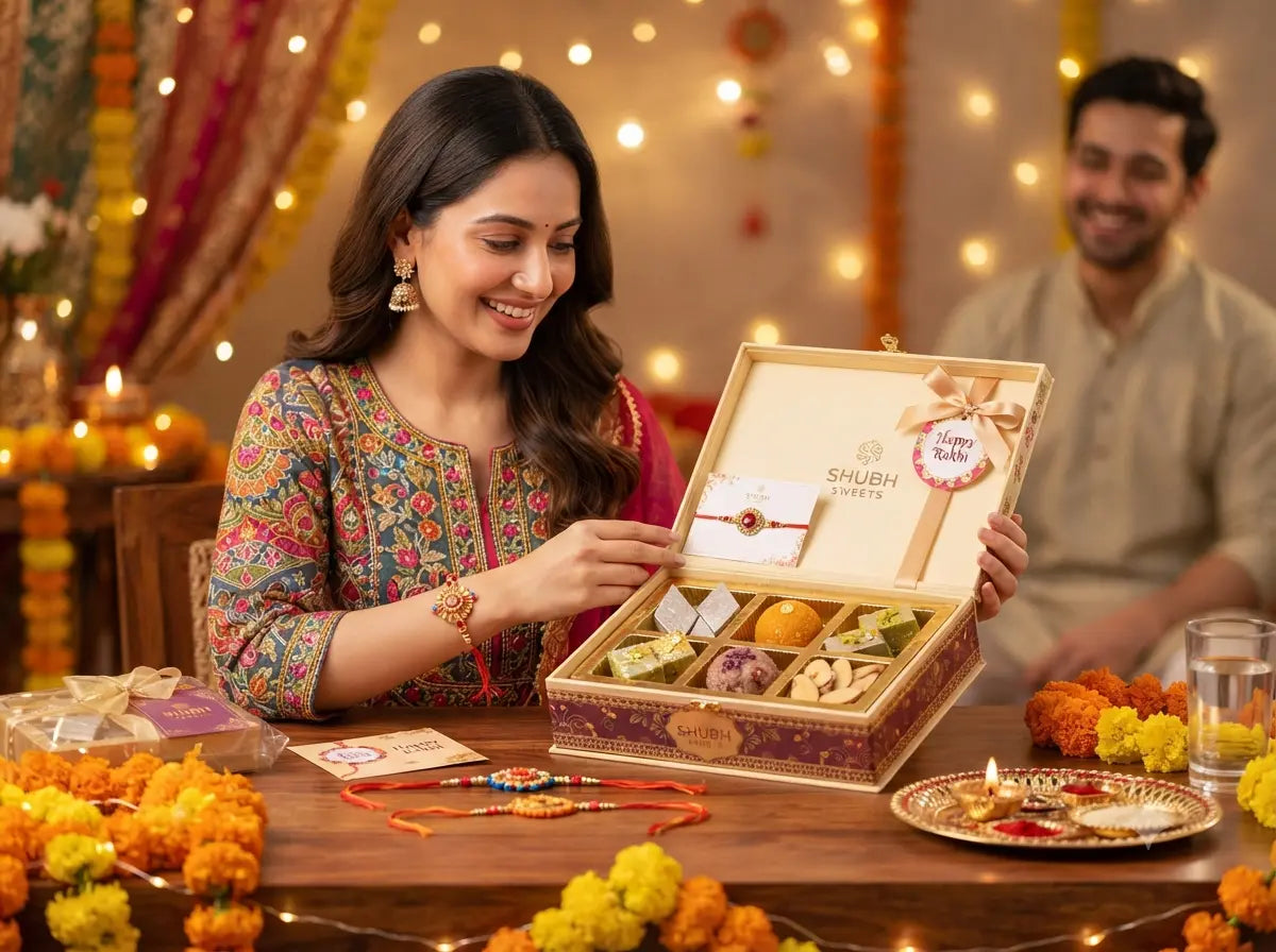 Indian woman smiling while opening a luxury Rakhi gift box filled with traditional mithai and sweets, celebrating Raksha Bandhan.