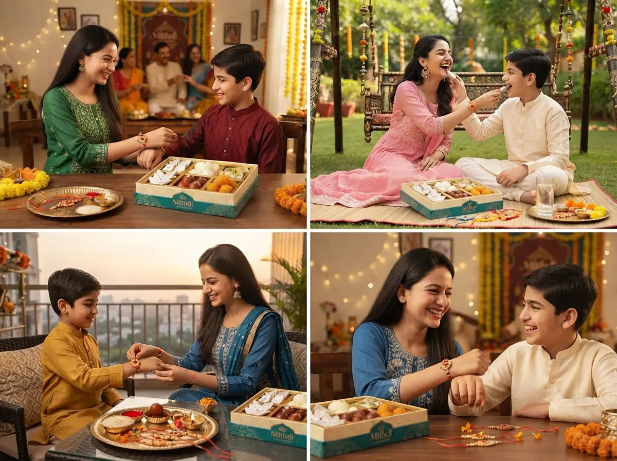 Sister tying a Rakhi on her brother's wrist while he tastes a Mithdi sweet from a festive gift box during Raksha Bandhan.