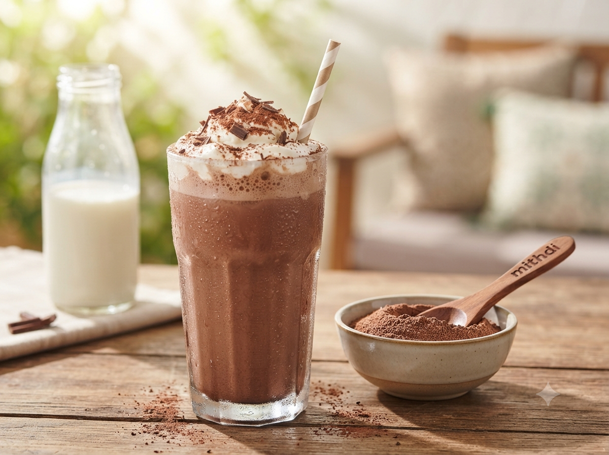 A tall glass of creamy instant cold cocoa drink topped with whipped cream and chocolate shavings from Mithdi Sweets, placed on a rustic wooden table next to a bottle of milk and a bowl of cold cocoa mix.