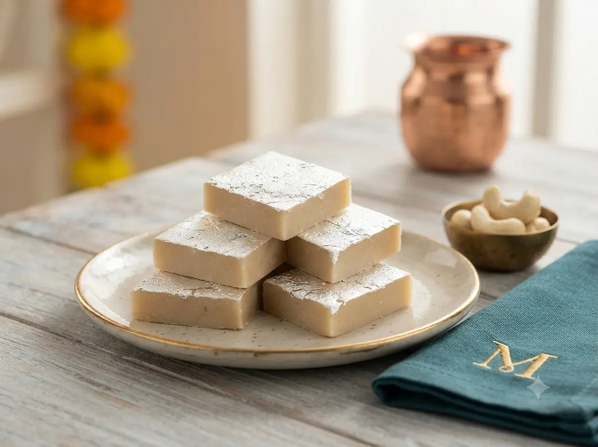 Premium Kaju Katli stacked on a ceramic plate, traditional Indian sweet from Mithdi Sweets.