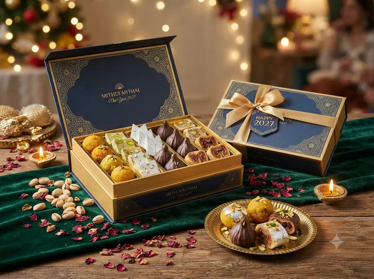 Premium blue and gold Mithdi Sweets gift box filled with assorted traditional mithai and dry fruits on a festive velvet table, styled for New Year 2027.