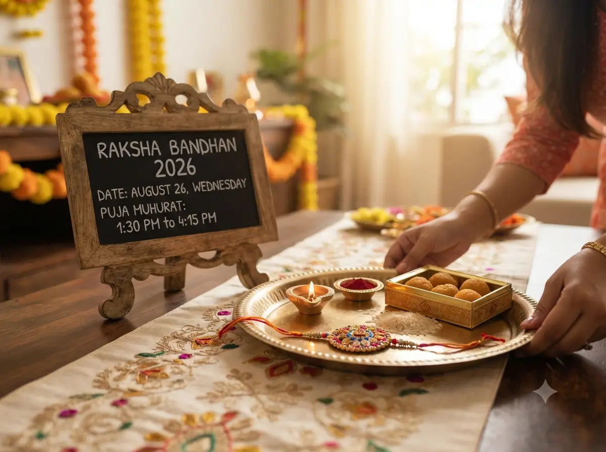 Raksha Bandhan 2026 date and puja muhurat announcement thali with sweets and rakhi.