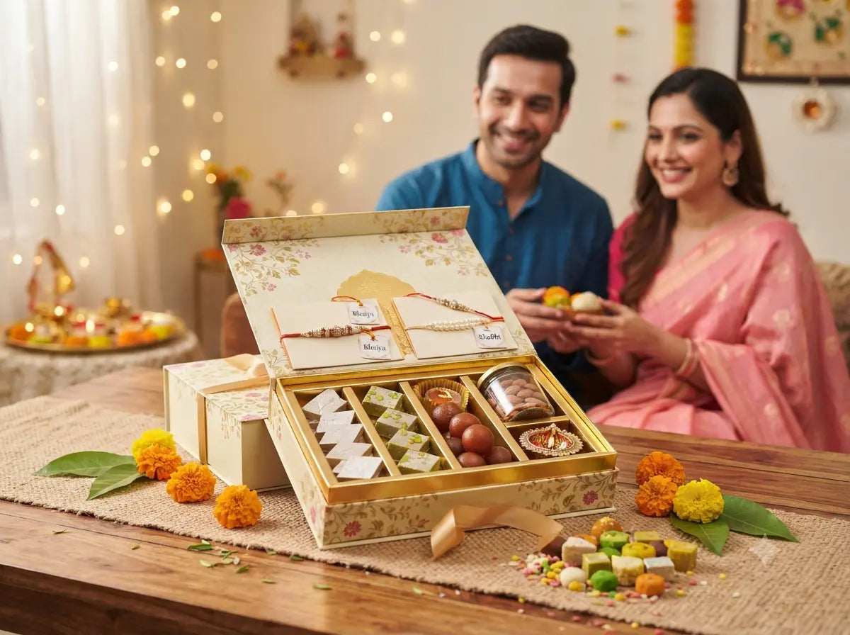 Bhaiya Bhabhi Rakhi sweet hamper unboxing with traditional mithai and Rakhis.