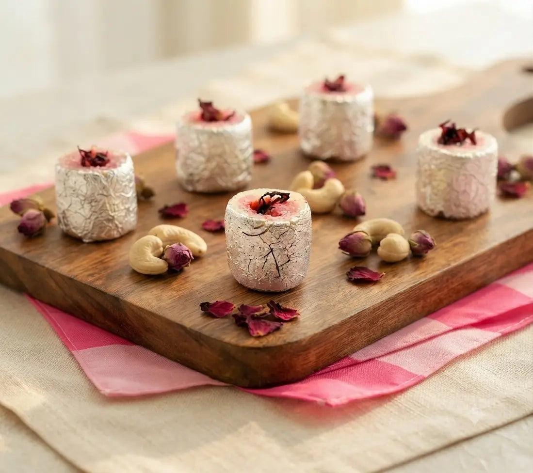 Cashew Gulkand Bahar sweet garnished with edible silver varq and dried rose petals by Mithdi Sweets