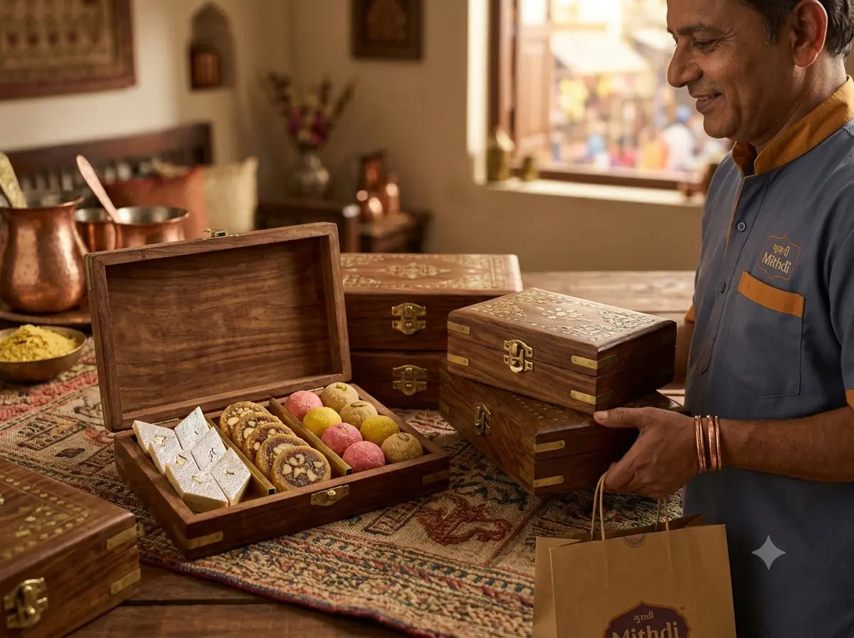 Mithdi premium Gujarati mithai gift box, traditional saffron tea setup, and delivery scooter for sweets delivery in Pune.