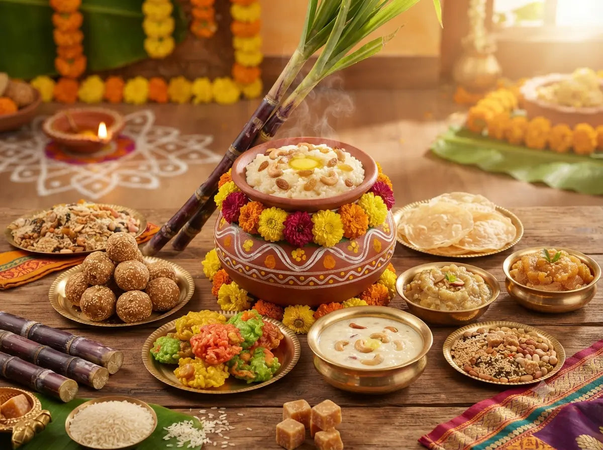 Traditional Pongal and Sankranti sweets spread including Chakkarai Pongal, Til Ladoo, and Kheer on a festive wooden table.