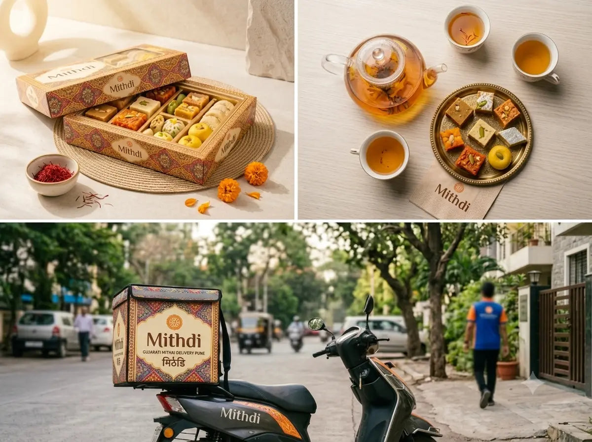 Mithdi delivery agent handing over a box of authentic Gujarati sweets to a customer at a home in Pune.