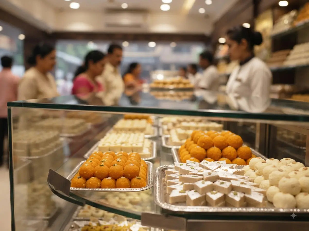 An Indian woman in a traditional saree making homemade besan laddoos in a rustic kitchen for Raksha Bandhan, with bowls of ghee, chopped nuts, and cardamom on a wooden table.
