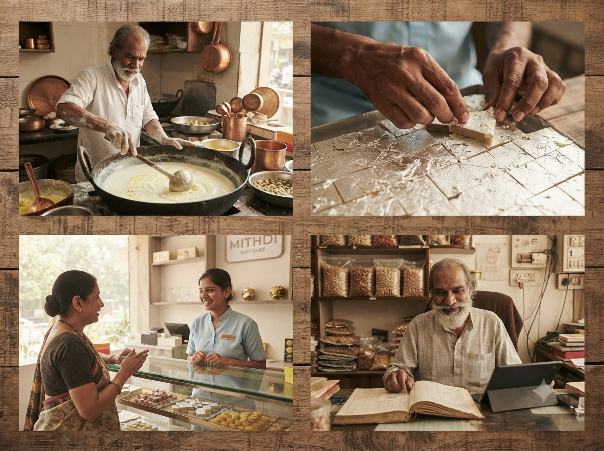 Mithdi Sweets artisanal kitchen, silver vark application, customer service, and shop counter in Surat.
