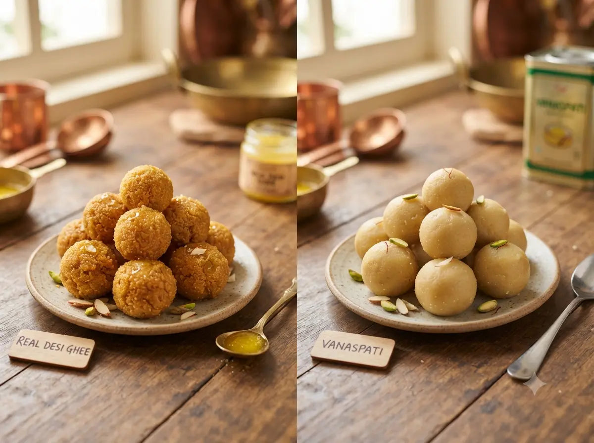 Visual comparison of Indian ladoo sweets: granular desi ghee texture (left) vs. smooth vanaspati texture