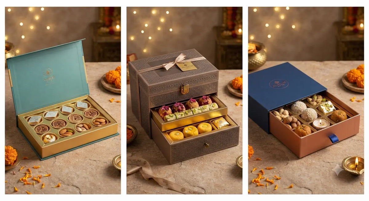 Three luxury Diwali corporate mithai gift boxes with Indian sweets and dry fruits.