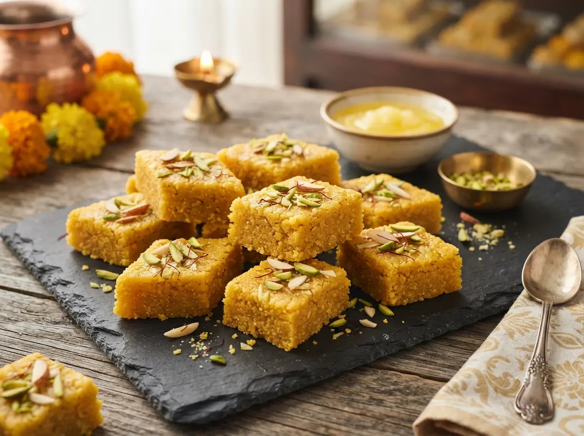 Freshly cut pieces of traditional Gujarati Mohanthal sweet garnished with pistachios and saffron on a dark slate tray, styled with a bowl of ghee.