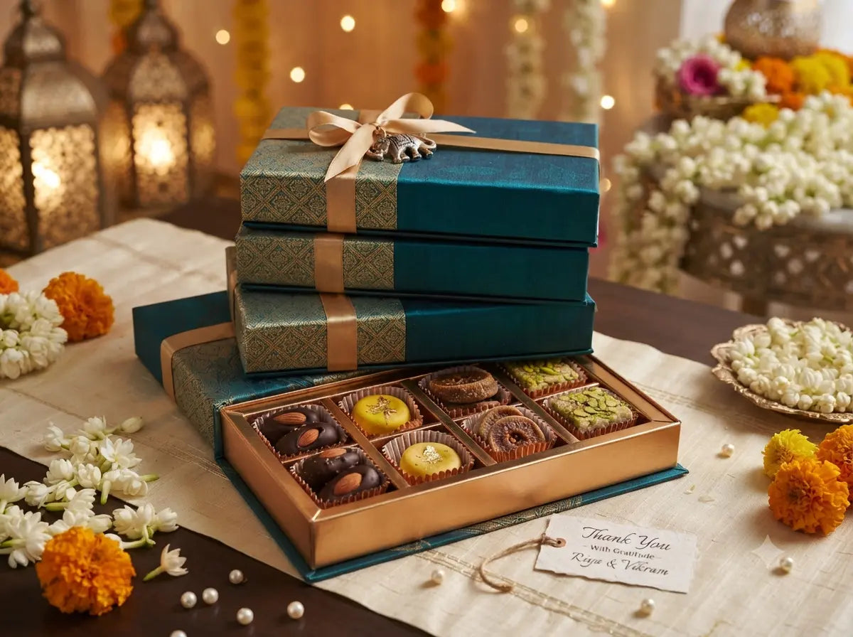 Aesthetic Indian wedding return gift sweet box filled with Kaju Katli, Mysore Pak, and rose barfi on a festive table.
