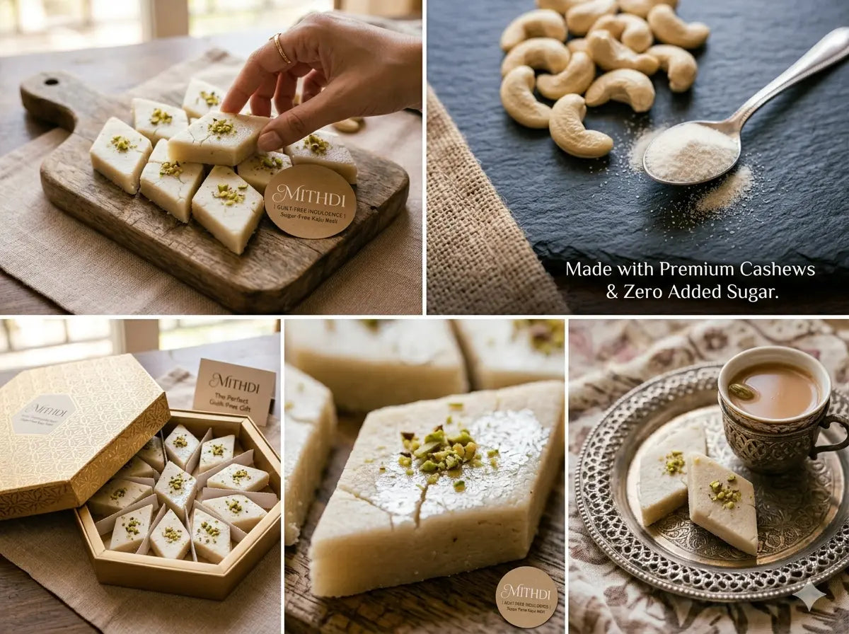 Mithdi premium sugar-free Kaju Katli hexagonal gift box packaging.