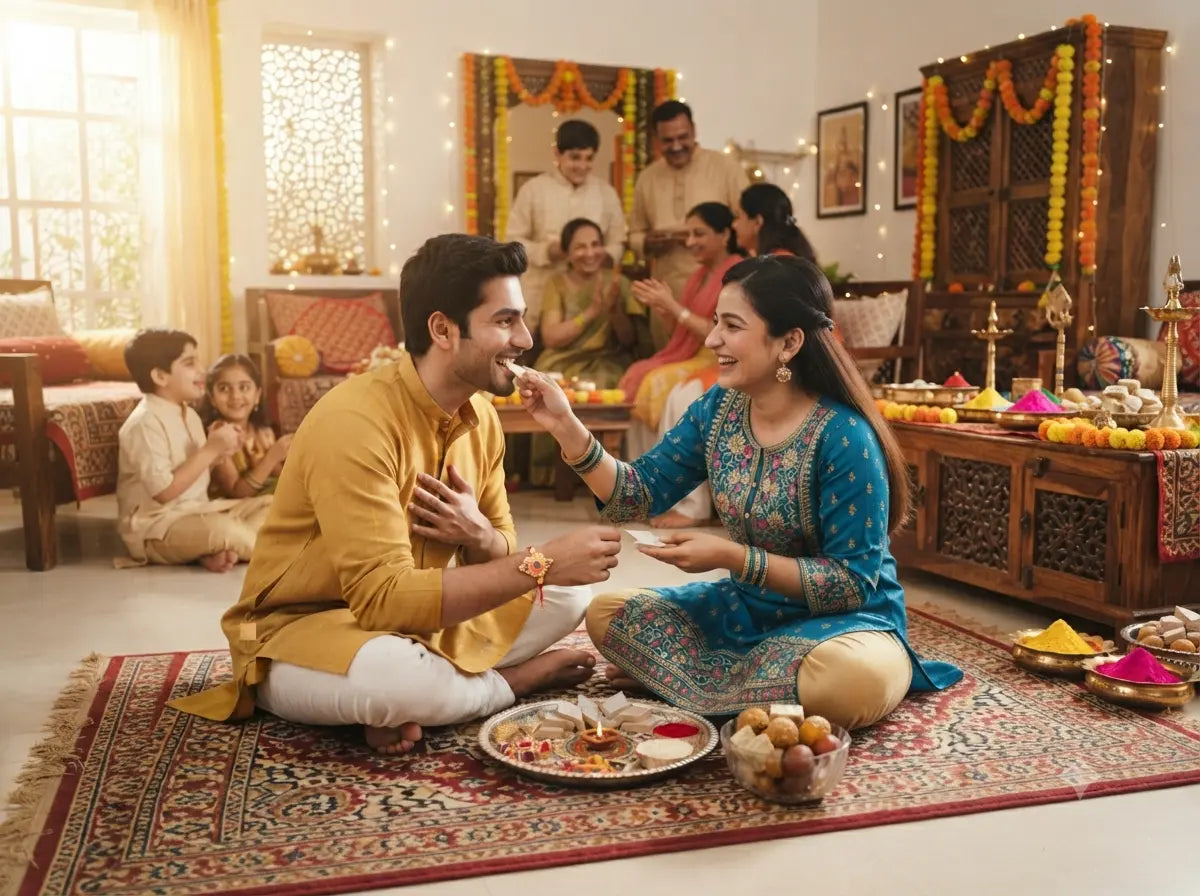 Sister feeding sweets to her brother during Raksha Bandhan celebration at home.