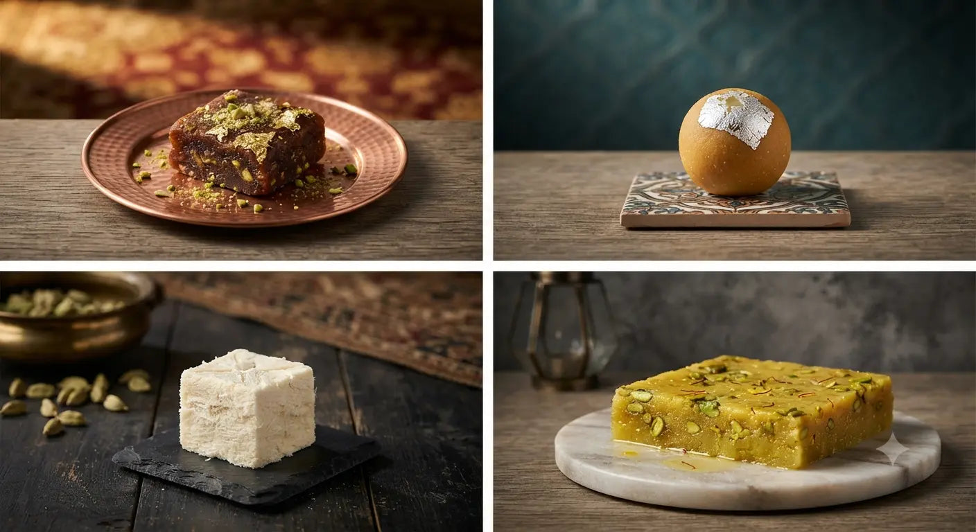 Premium assortment of traditional Gujarati mithai on a brass platter by Mithdi Sweets.