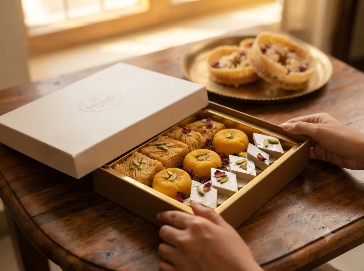 Premium assorted Mithdi Sweets gift box featuring traditional Gujarati delicacies, including Kaju Katli and milk sweets, delivered in Jaipur.