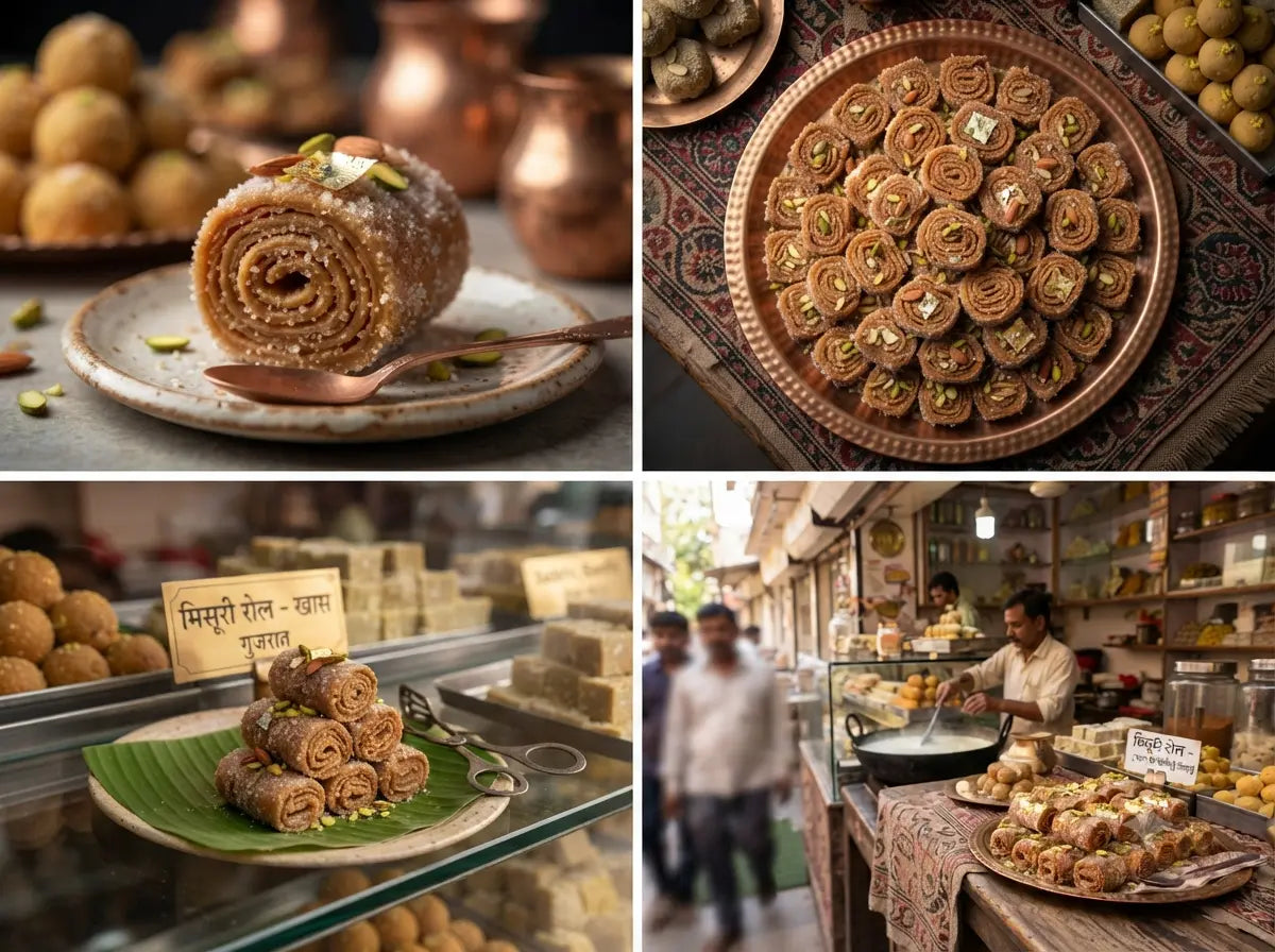 Traditional Indian Maysuri roll sweet arranged on a vintage copper platter with pistachios and silver leaf garnish.