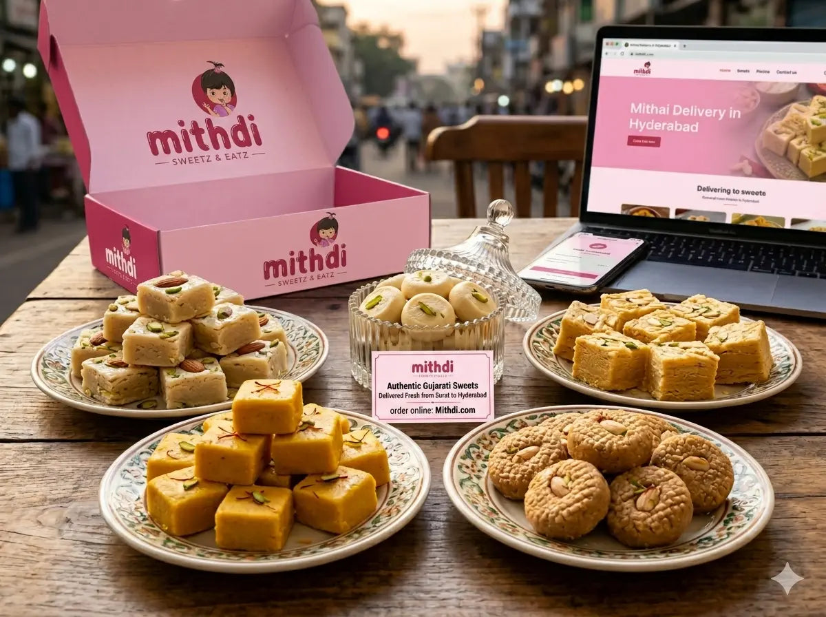 An elegant presentation of fresh Gujarati sweets and a modern e-commerce setup, showing how to order premium Mithai online with "Mithdi Sweetz & Eatz.