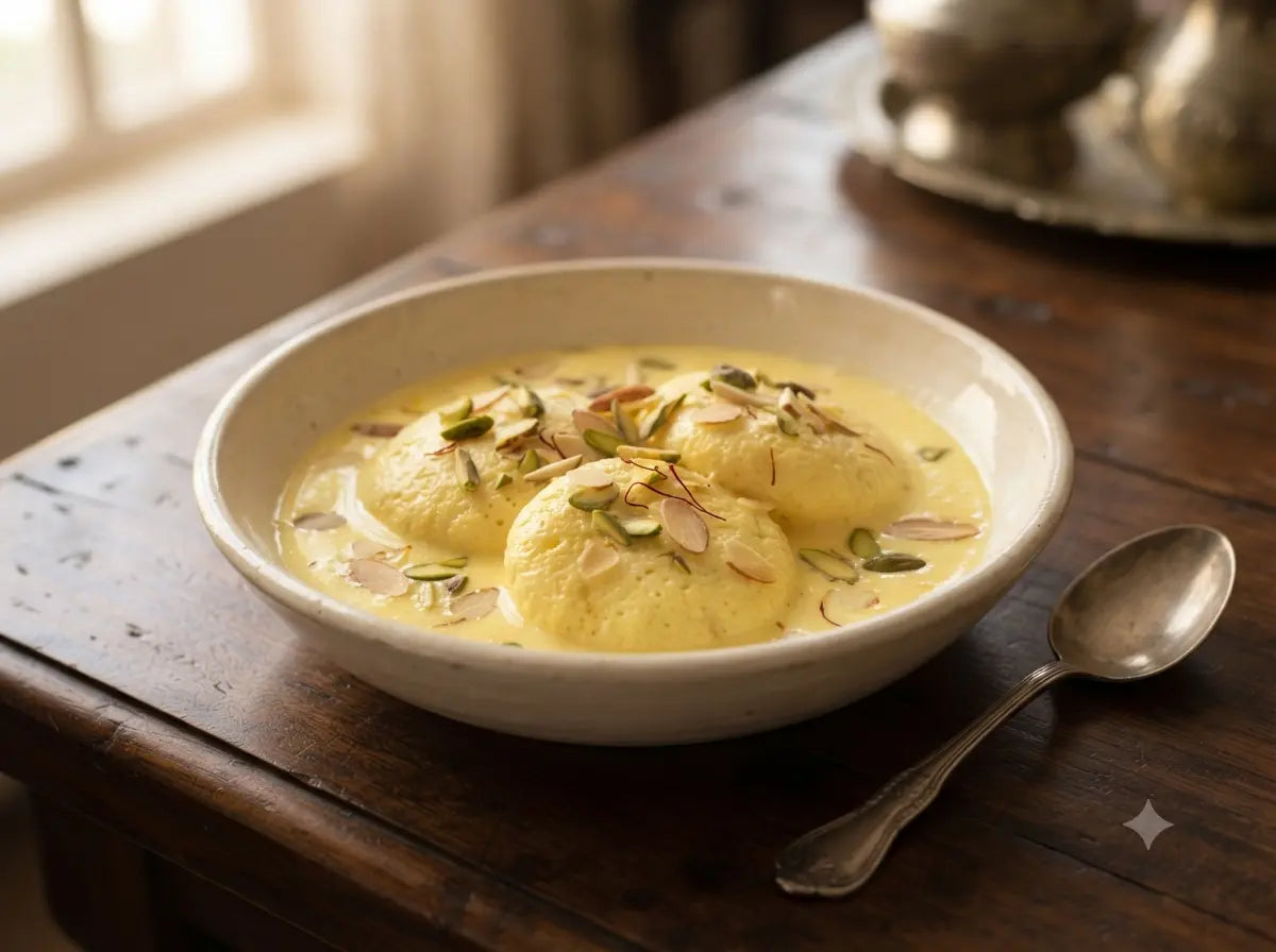 Delicious Ras Malai dessert in a bowl garnished with pistachios, almonds, and saffron
